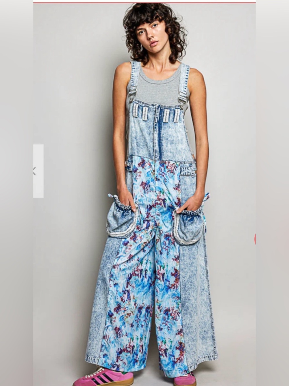 POL Denim Patchwork Wide-Leg Overalls in Light Blue